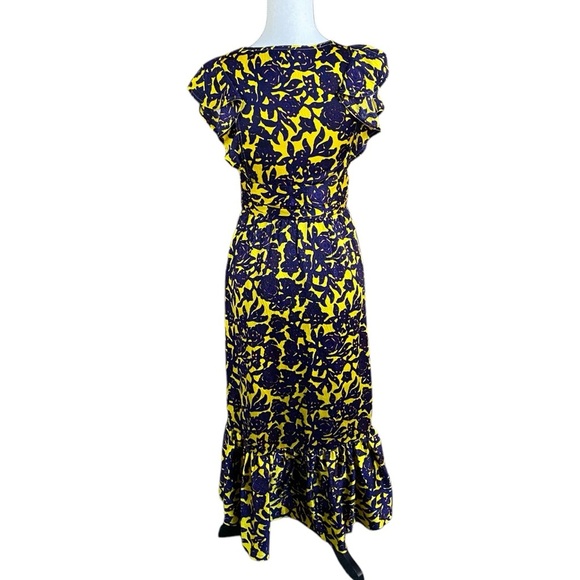A.L.C. Valencia Silk Floral Midi Dress Yellow Purple Cut-Out Ruffle Hem Sz 2 - Picture 14 of 16